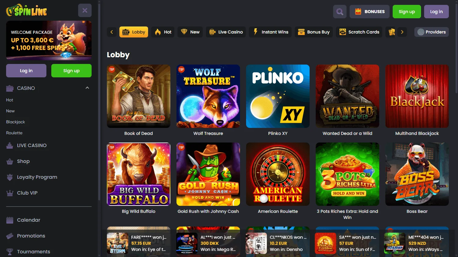 Spinline Casino desktop games interface