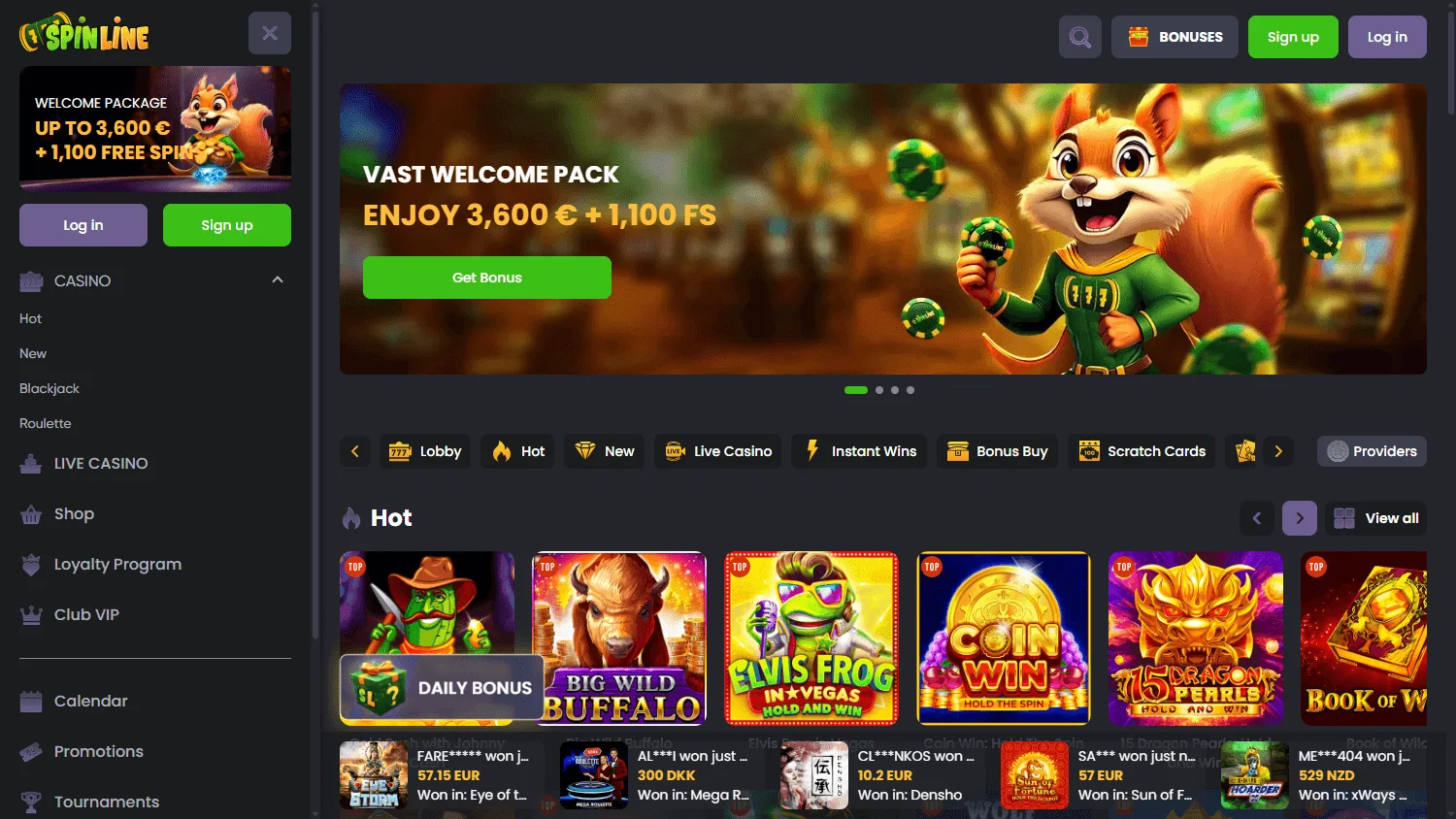 Spinline Casino desktop home interface