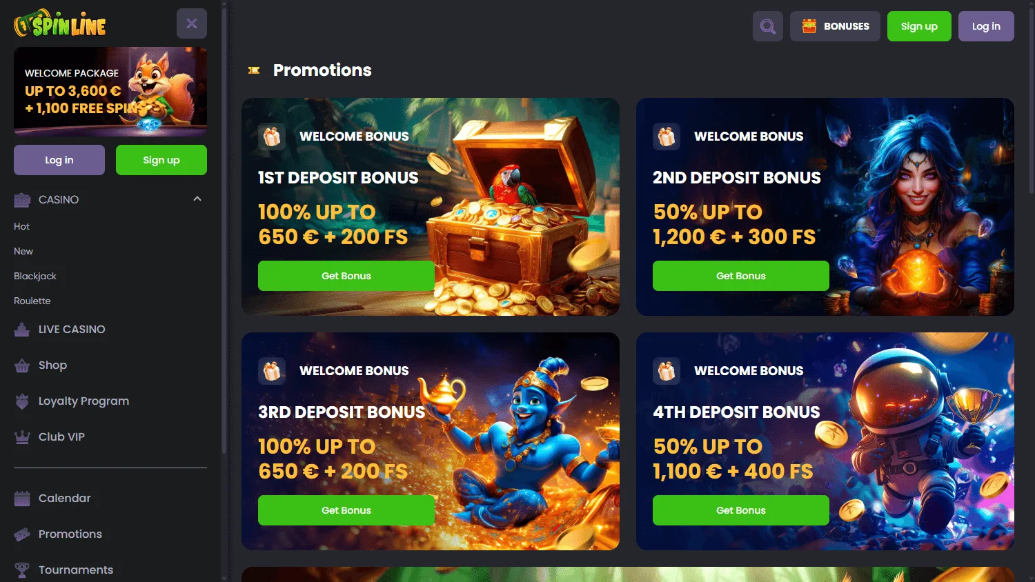 Spinline Casino desktop promotions interface