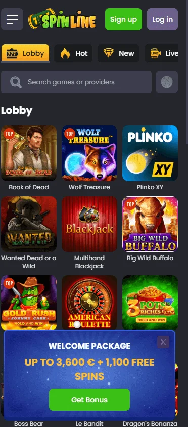 Spinline Casino mobile games interface