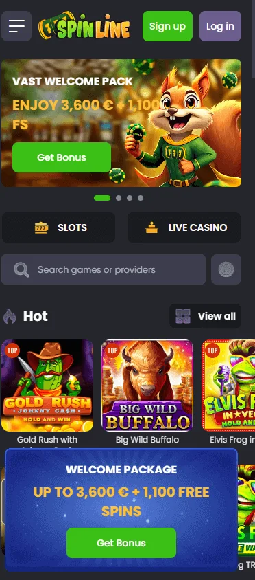 Spinline Casino mobile home interface